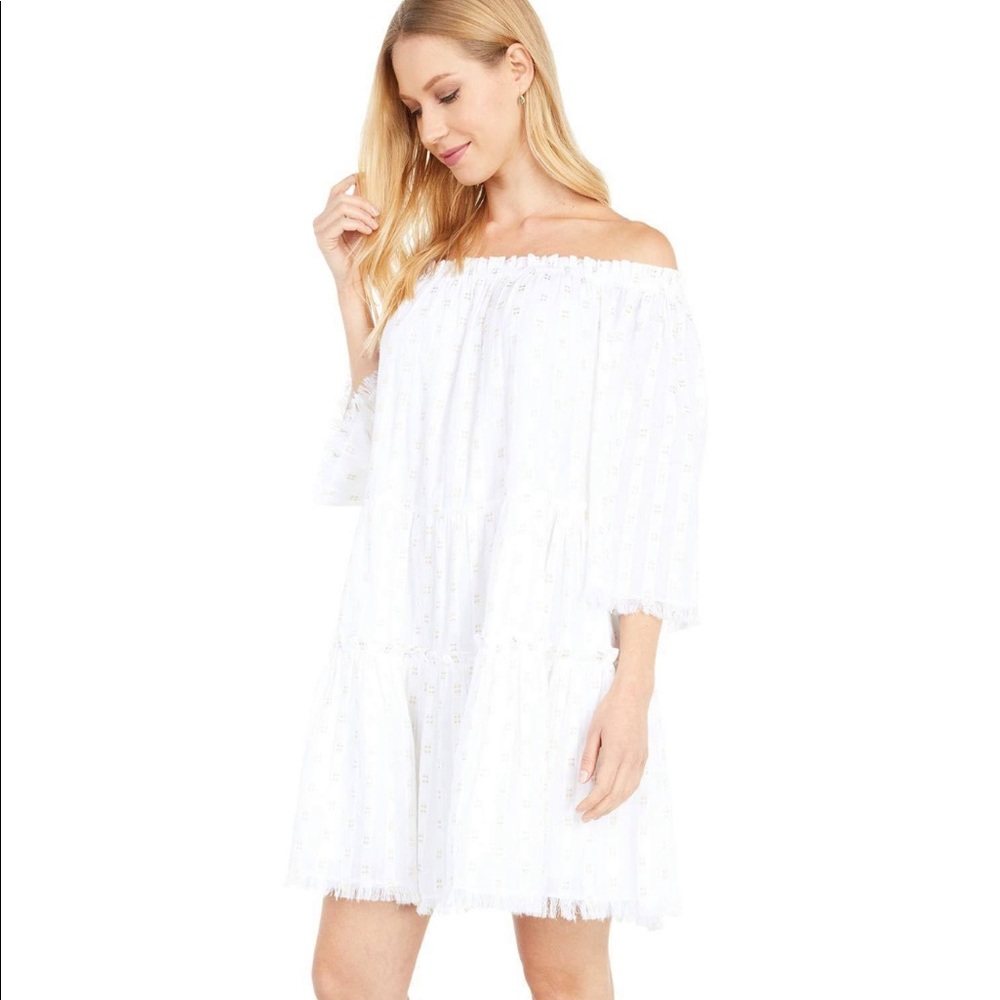 Vineyard Vines off shoulder white and gold dress
